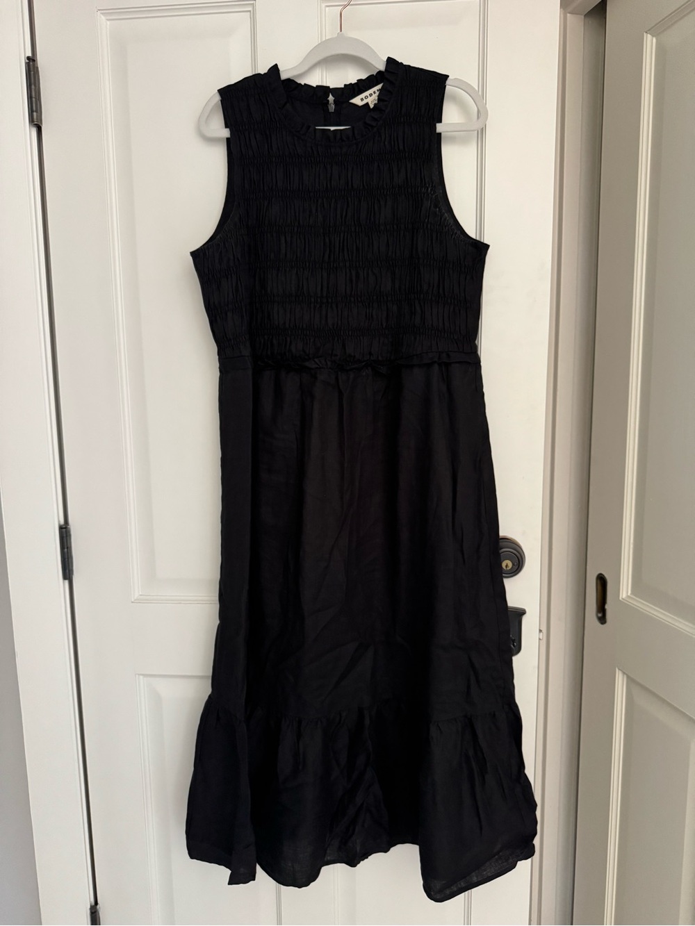 Boden Sleeveless Black Smocked Midi Dress | Size 16-18R